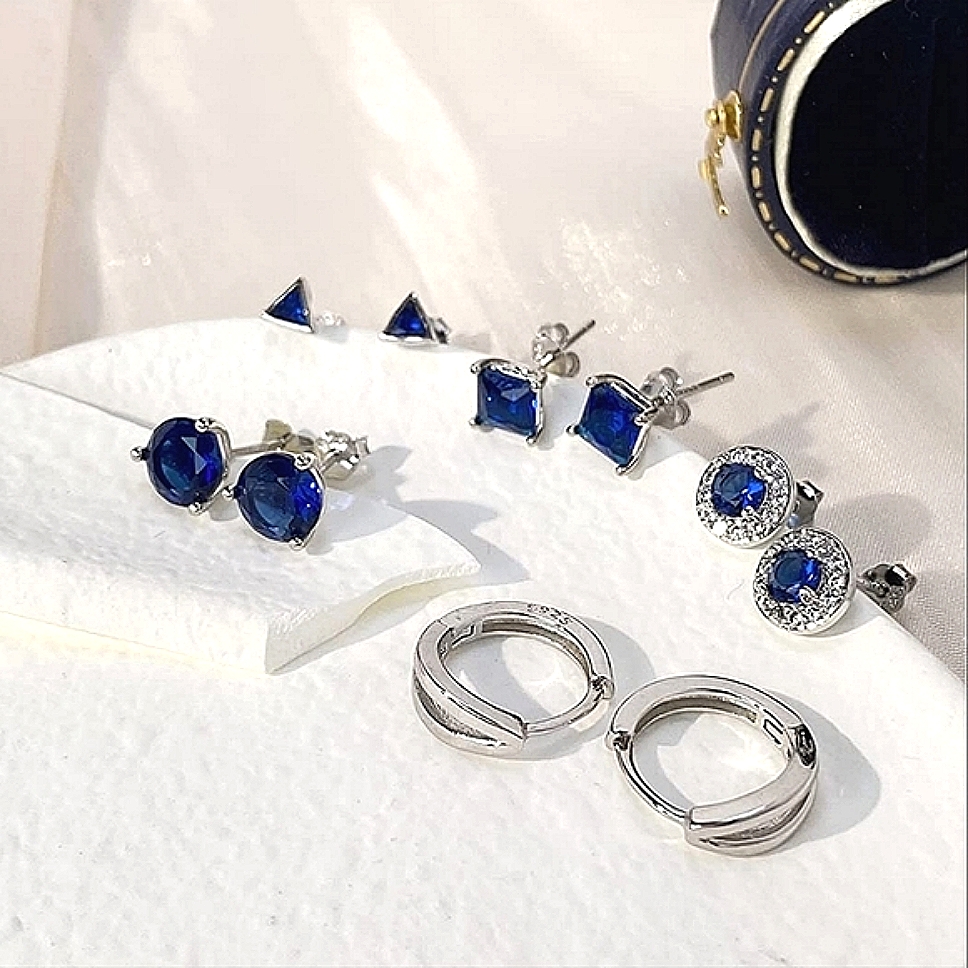 925 September Baby Sapphire Tone Cz Birthstone Silver Earrings Set 5 Pairs